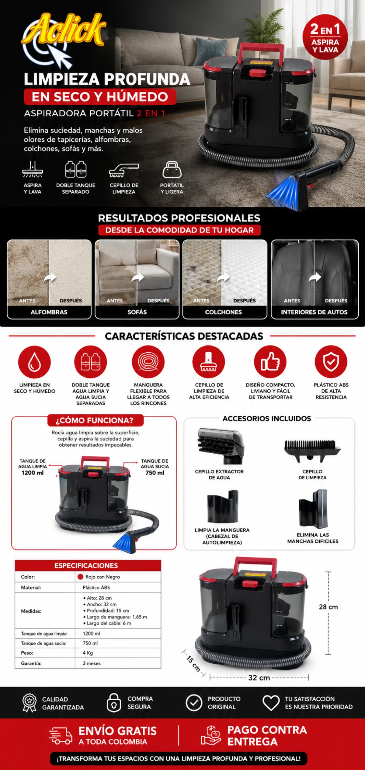 Aspiradora portatil de mano para limpieza en seco y humedo