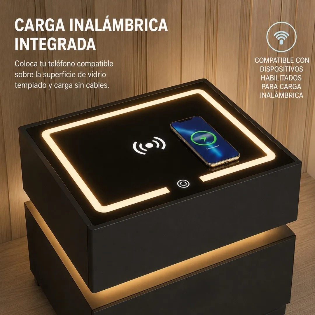 Mesa De Noche Flotante Inteligente Con Carga Inalambrica Bluetooth Y Luz Led 3