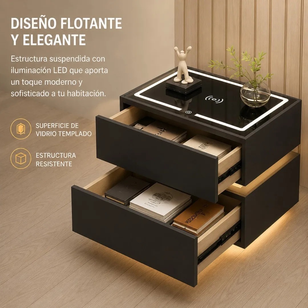 Mesa De Noche Flotante Inteligente Con Carga Inalambrica Bluetooth Y Luz Led 5