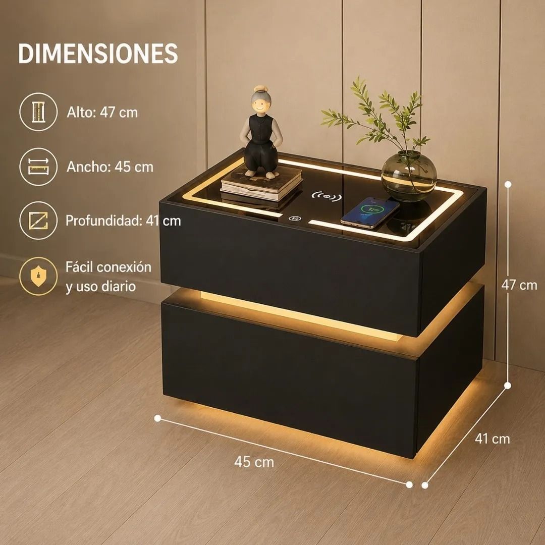 Mesa De Noche Flotante Inteligente Con Carga Inalambrica Bluetooth Y Luz Led 6