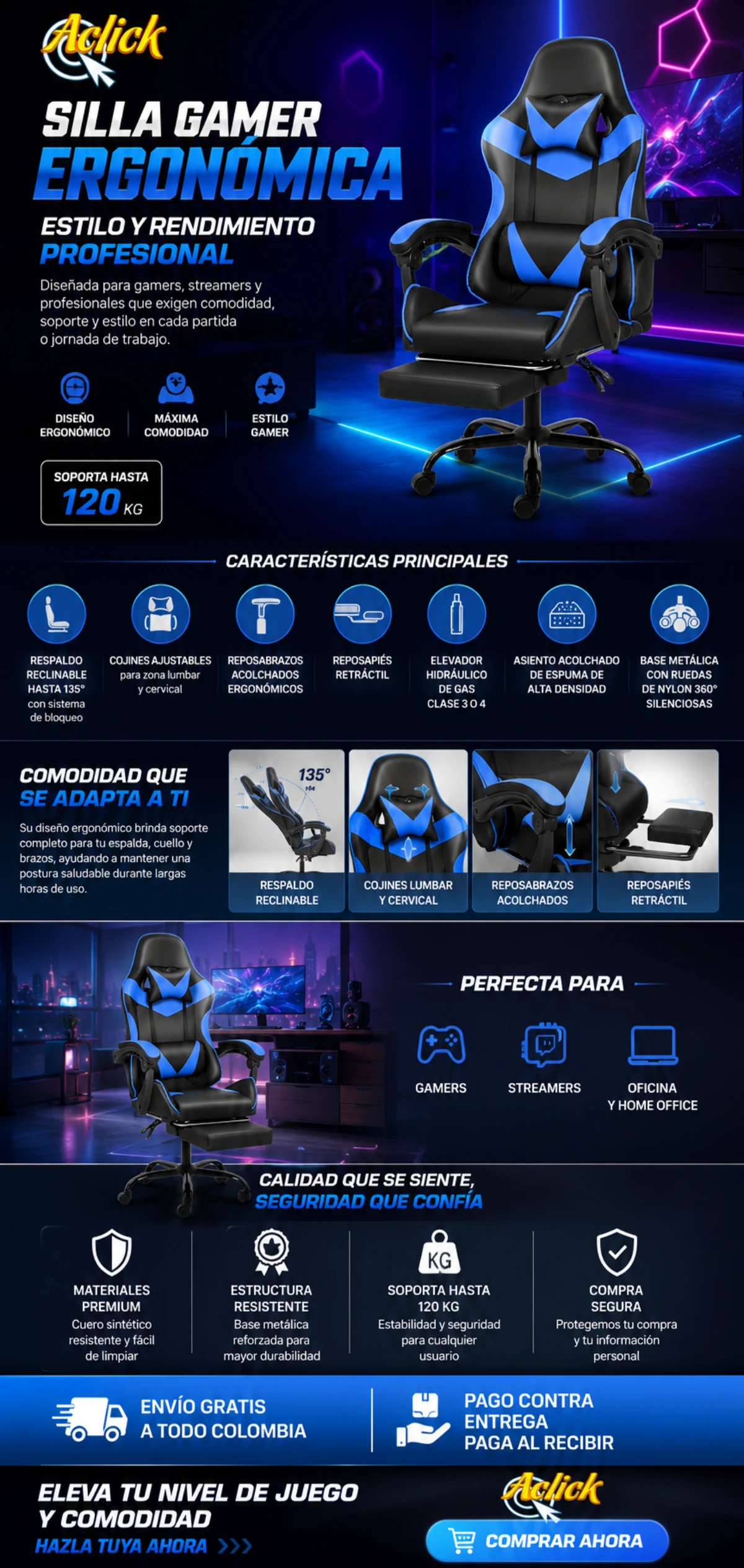 Silla Gamer Con Reposapies Azul