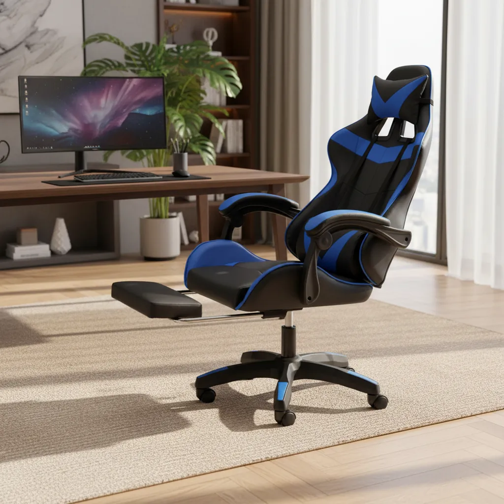 Silla Gamer Con Reposapies Azul - Imagen 3